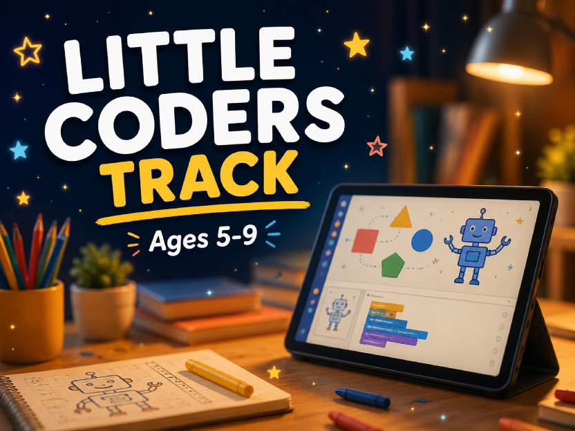 Little Coders Track — a tablet on a child's desk showing a friendly robot and colourful shape-sequence activity