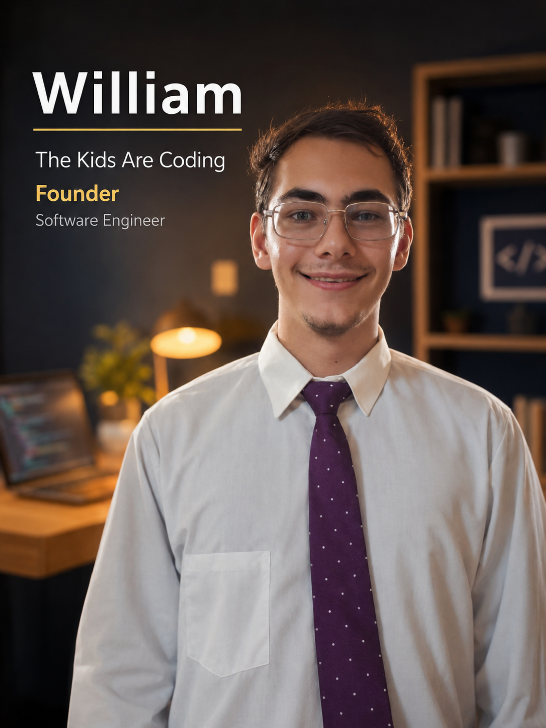 William, founder of The Kids Are Coding — portrait photo captioned with his name, 'Founder' and 'Software Engineer'